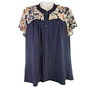 EMMA & OLIVE Sheer Floral Top Short Sleeve Button Front Blue Blouse Women's L